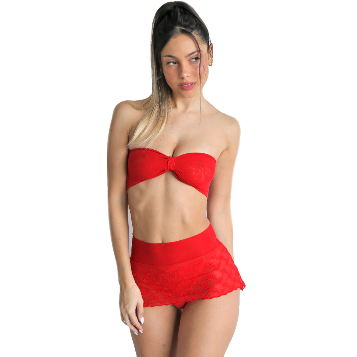 Conjunto Sexy Malena Bandeau Pollera Encaje